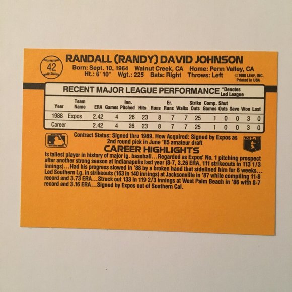 1989 Donruss Randy Johnson Rated Rookie Card RC #42 Error Baseball - Picture 6 of 10